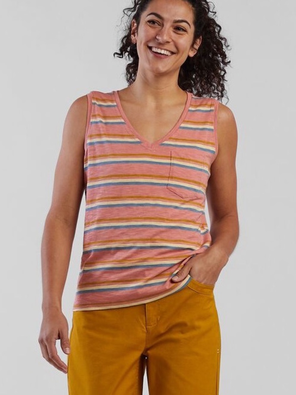 Toad&Co Swiftly Pocket Pink Striped V-Neck Sleeveless Tank Top Large